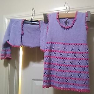 Purple and Pink Kids HAND Knit Dress Cardigan Set